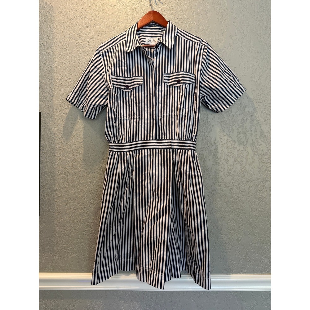 Liz Claiborne Sportdress Navy White Striped Cotton Shirt Dress Size 12 Vintage
